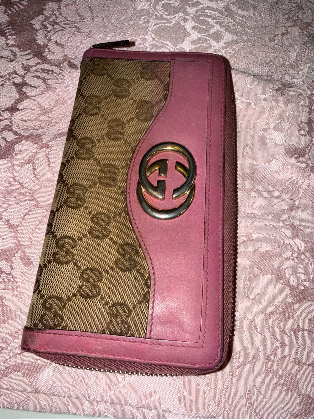 Gucci Pink Leather and Monogram Zip-Around Wallet with Gold Logo